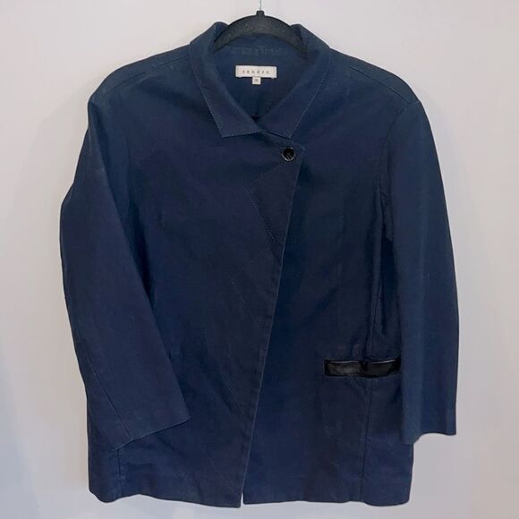 Sandro dark navy cotton blazer with black leather accents - Picture 4 of 6